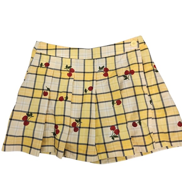 Y2K Forever 21 Yellow Plaid Cherry Embroidered Pleated Mini Skort Women's Medium - Picture 10 of 10